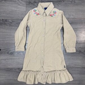 OshKosh Pearl Snap Floral Embroidered Beige Corduroy‎ Dress Girls Size 4 Y2K